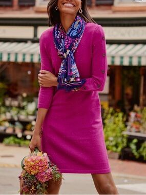 Talbots Kitty Tweed Open Neck Sweater Dress 3/4 Sleeves Magenta Size LP